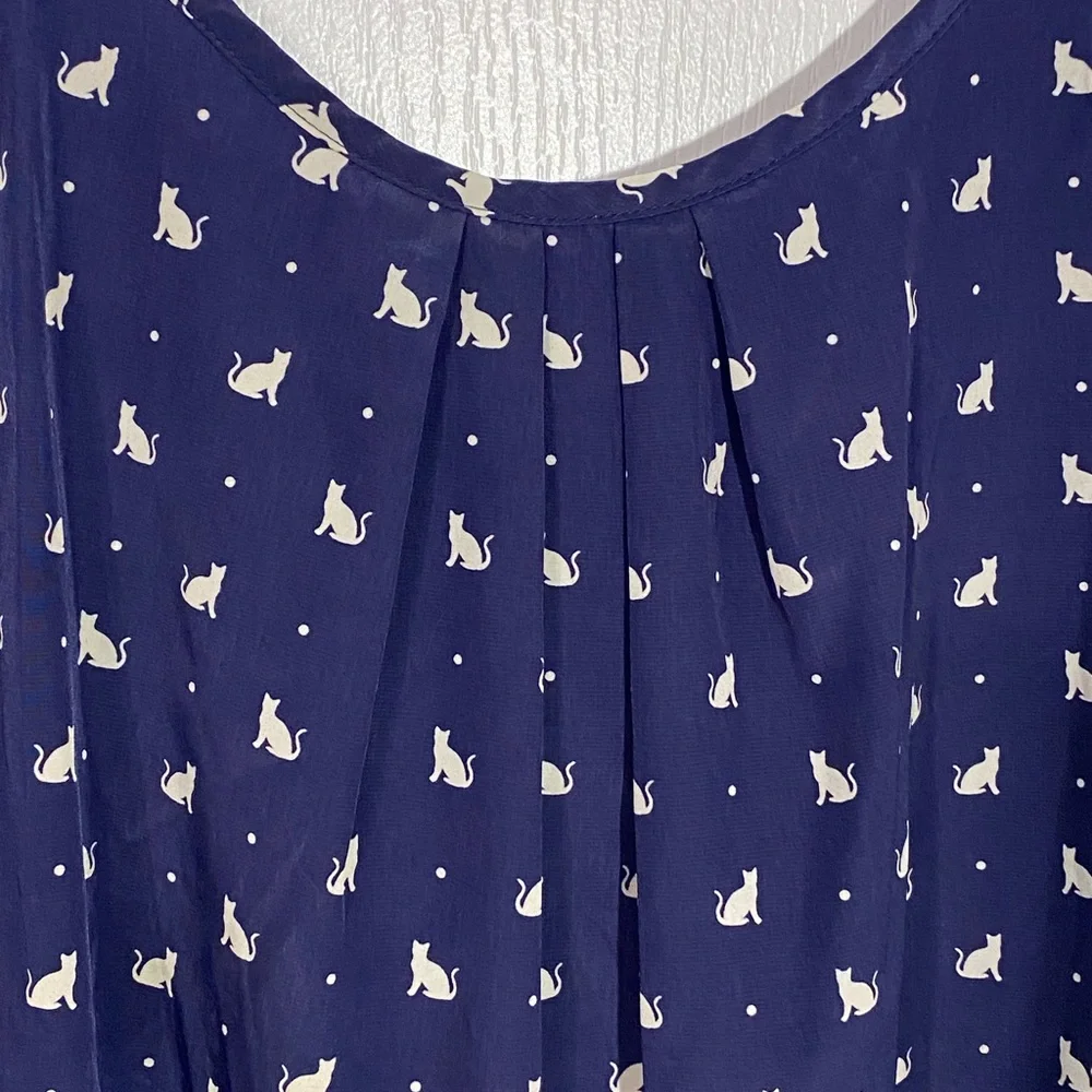 Old Navy CAT Print Puff Sleeve Bow Back Blouse Navy White Large